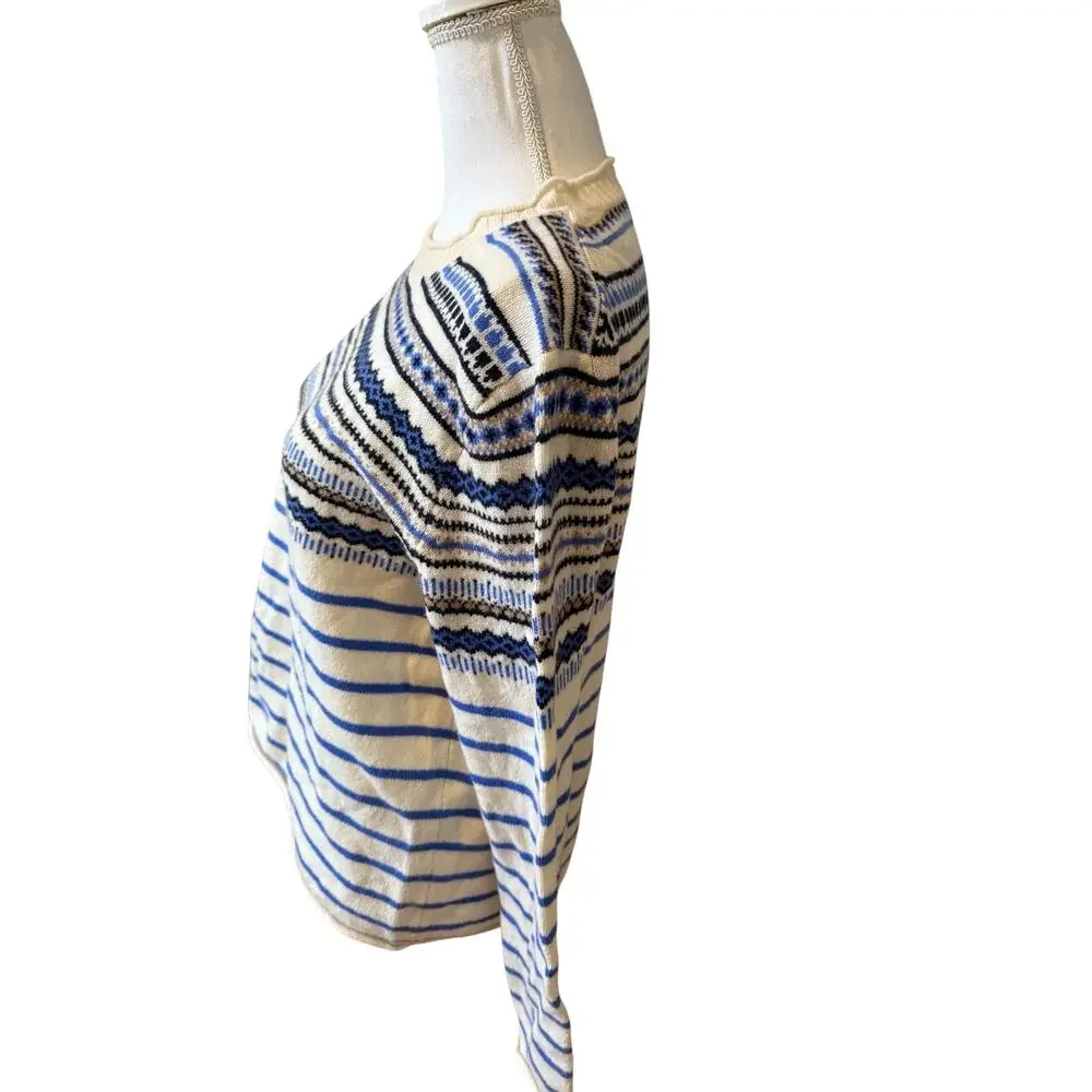 J Crew Fair Isle Crewneck Sweater Off White Blue Print M